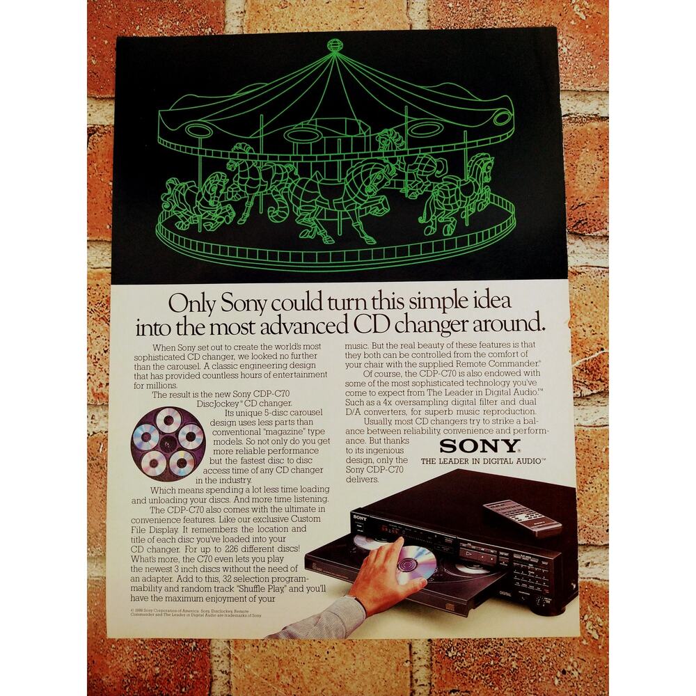 1988 Sony - CD Changer CDP-C70 DiscJockey - Carousel - Original Vtg PRINT AD‎